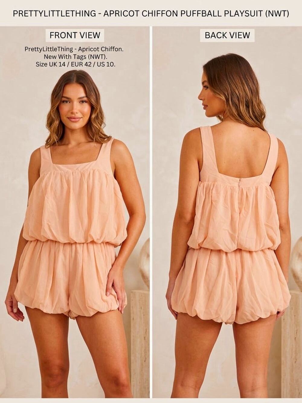 PrettyLittleThing Apricot Chiffon Puffball Romper Square Neck Sleeveless 10